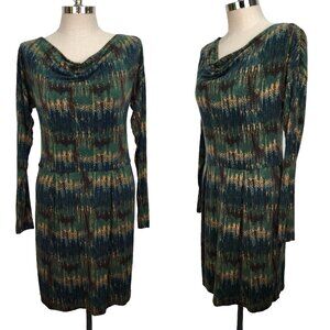 Peruvian Connection Ariadne Long Sleeve Dress M Green Brown‎ Abstract Feather